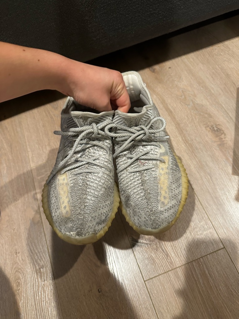 Yeezy boost Light Gray Knit Sneakers with Yellow Accent